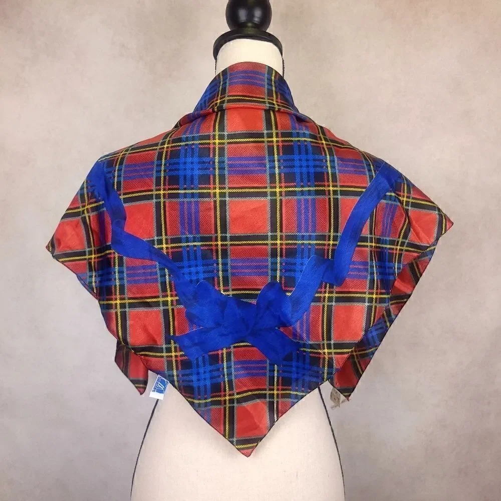 Vintage Red Blue Tartan Print Square Scarf